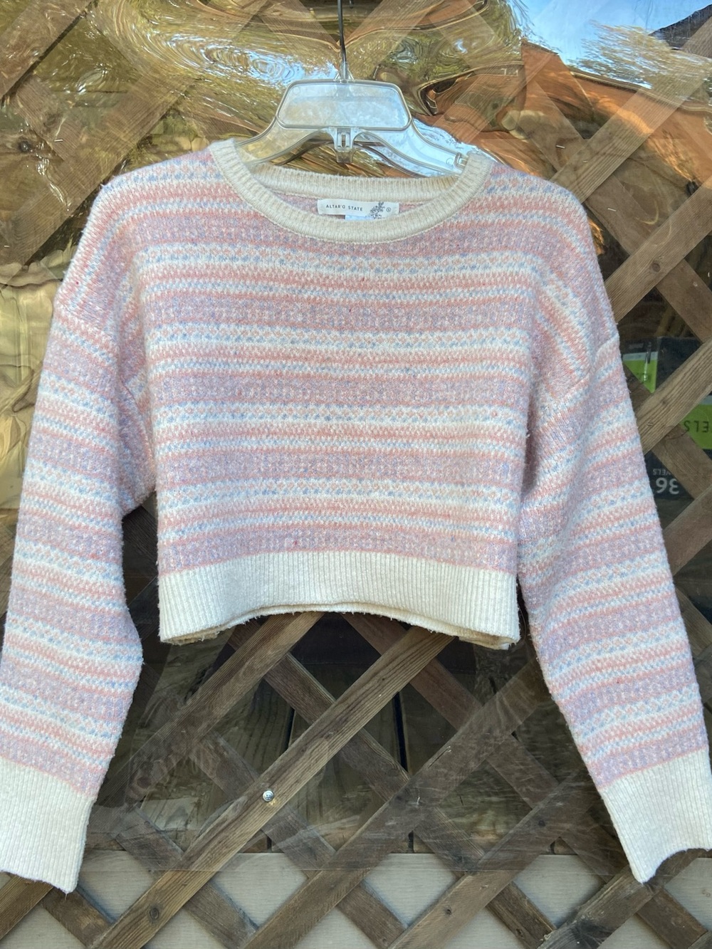 Altar’d State Pink & Cream Striped Cropped Sweater Size Small - Soft & Fuzzy!